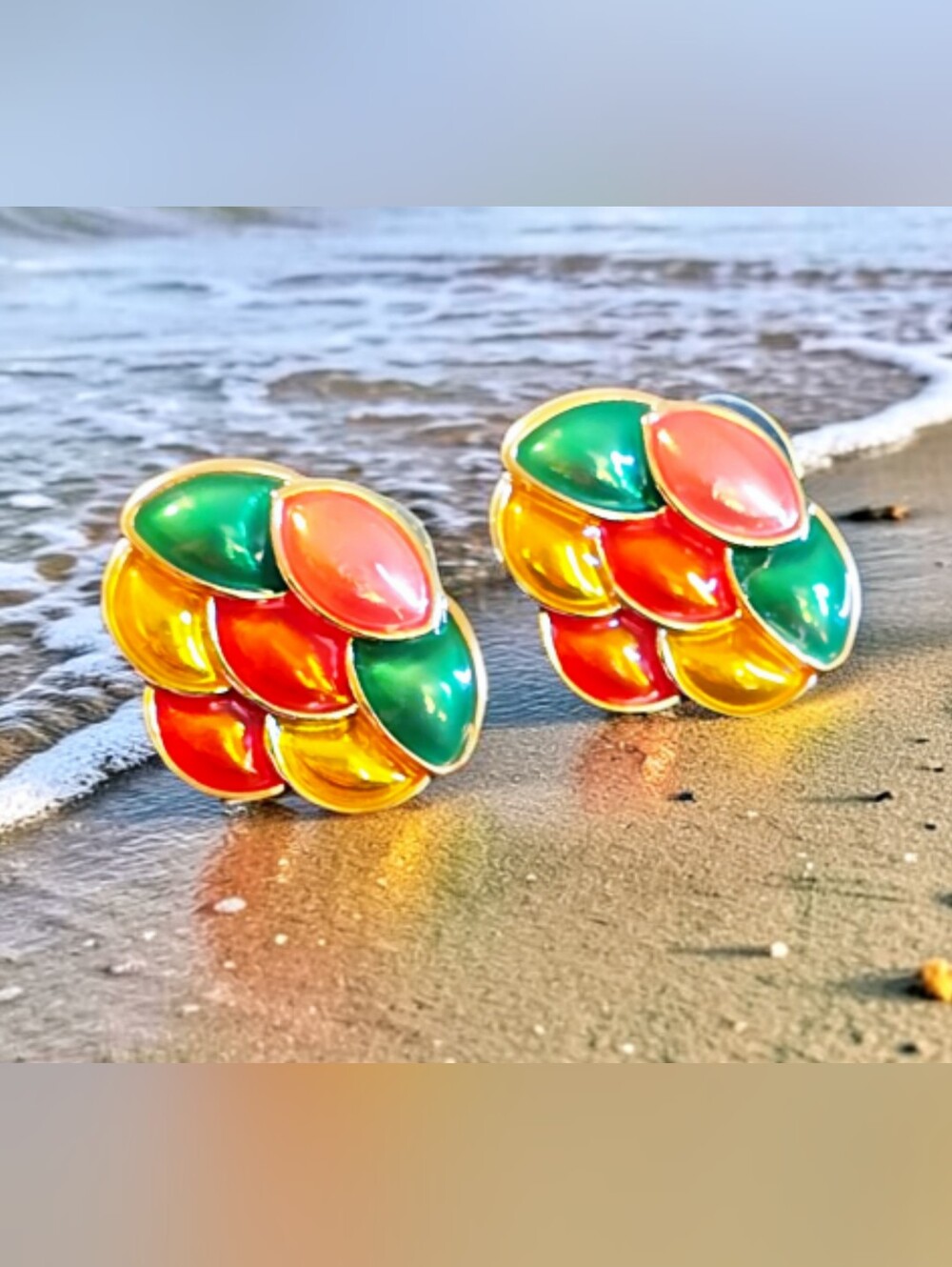 Joan Rivers Colorful Multi-Teardrop Enamel Cluster Earrings - Green, Red, Yellow
